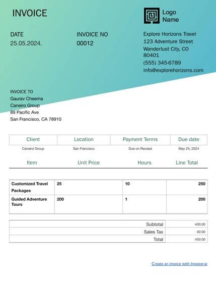 Tourism Services Green and Blue Invoice Template