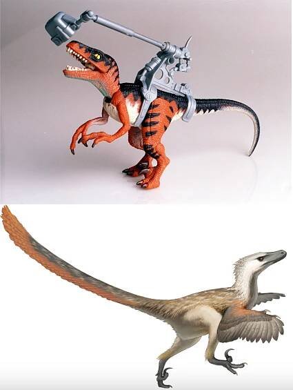 In real life, the Velociraptor  was less like a reptilian movie monster (top) and more like a flightless hawk (bottom).