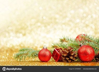 Vánoční Přání Jedlovou Větví Dekorací Zlatém Třpytivém Pozadí