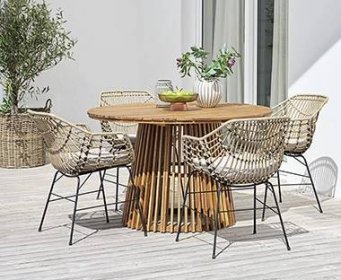 Kulatý dřevěný stůl TRANEHOLM a zahradní židle ILDERHUSE