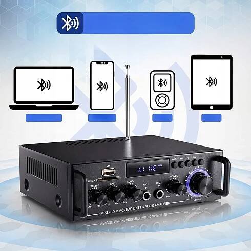 BLUETOOTH AUDIO ZESILOVAČ 5.0 2X50W MINI STEREO ZESILOVAČ PRO DOMÁCNOST, ČERNÝ Šířka výrobku 14 cm