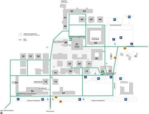 Kort over campus med adgangsveje under ombygningen