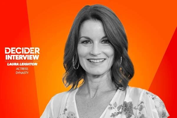LAURA LEIGHTON in black and white on a bright orange background