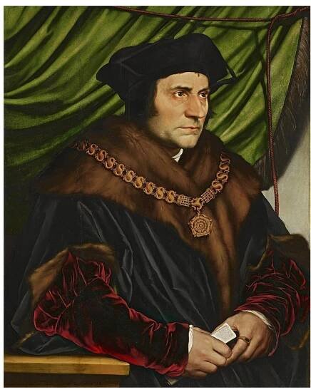 Sir Thomas More c 1527. Hans Holbein the Younger. Oil on Panel 74.9 x 60.3cms (29.4 x 23.7 ins). Frick Collection, NY; Accession No 1912.1.77. Source Wikipedia 