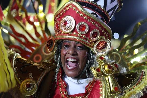 A member of Unidos de Padre Miguel performing at the 2025 Carnival parades at Sapucai Sambodrome in Rio de Janeiro, Brazil."
