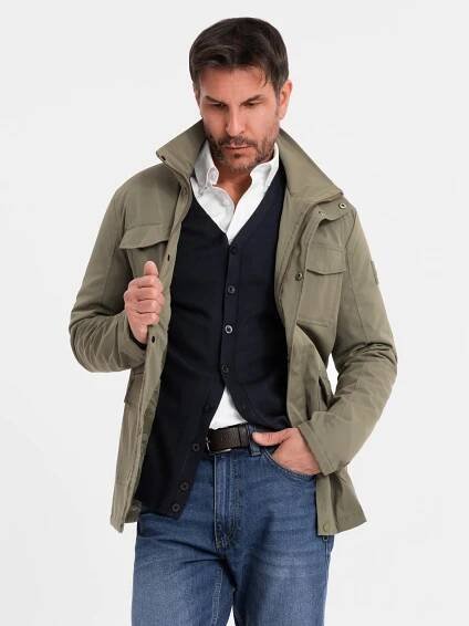 Ombre Clothing Pánská lehká bunda s kapsami a vysokým límcem - khaki V3 OM-JALP-0167