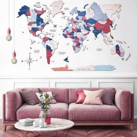3D Mapa světa na zeď ze dřeva - barva bubblegum