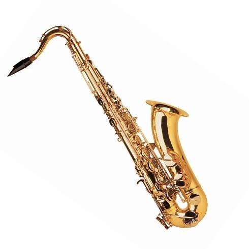 A gold saxophone with a black mouthpiece on a white background