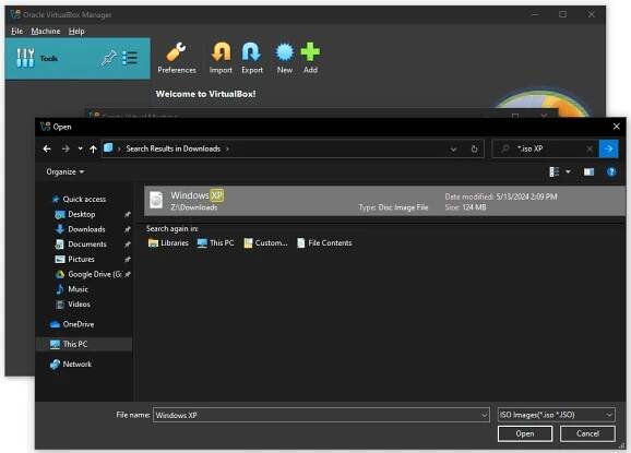 A Windows XP ISO file selected in VirtualBox