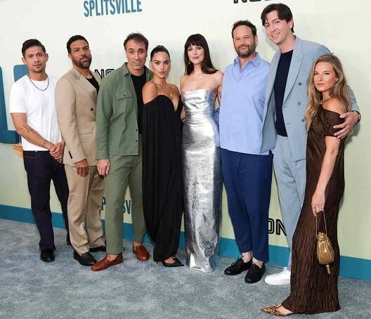 David Castaeda, O-T Fagbenle, Michael Angelo Covino, Adria Arjona, Dakota Johnson, Kyle Marvin, Nicholas Braun and Jessika Mathurin attend the Los Angeles Premiere of "Splitsville"