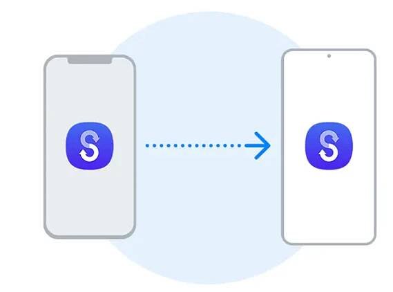 Dva chytré telefony jsou umístěny kousek od sebe. Na obou obrazovkách se zobrazuje Logo Smart Switch. Šipka vychází od chytrého telefonu vlevo, pohybuje se do chytrého telefonu vpravo, a signalizuje tak přenos dat. 