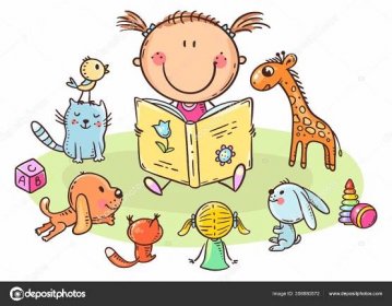 Malá holka čtení hraček nebo hraní školy, kreslené ilustrace Stock Vector od © Katerina_Dav 358880572