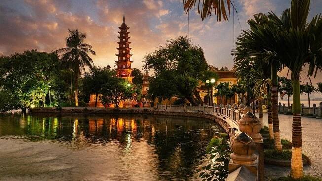 Tran Quoc Pagoda at sunset in Hanoi.