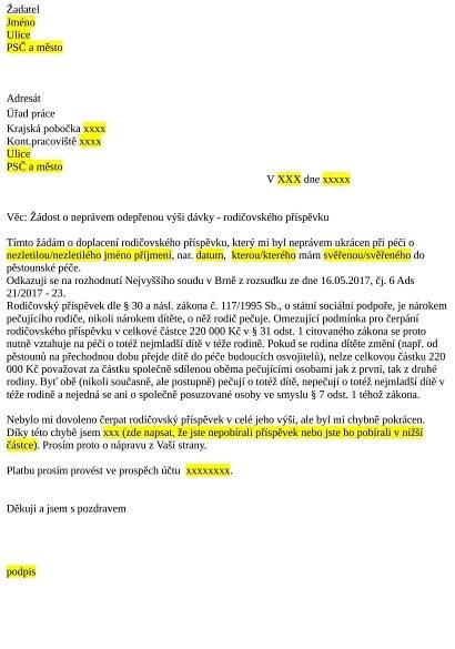Žádost o doplacení rodičovského příspěvku jpg