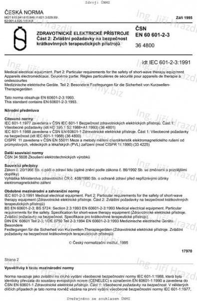 ČSN EN 60601-2-3 (364800) - Zdravotnické elektrické přístroje. Část 2: Zvláštní požadavky na bezpečnost krátkovlnných terapeutických