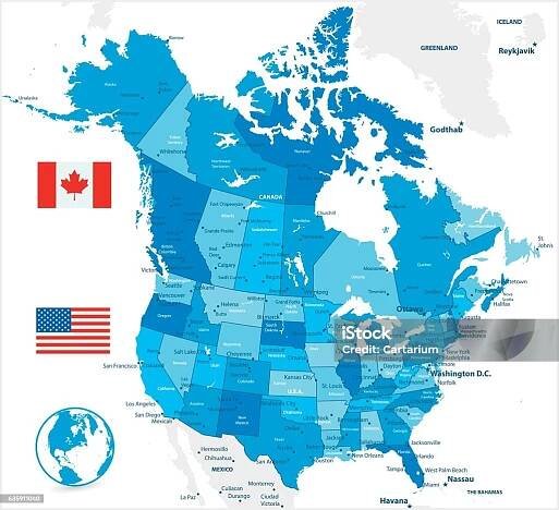 Stock ilustrace Usa A Kanada Velká Podrobná Modrá Mapa – stáhnout obrázek nyní - Mapa - Navigační zařízení, Kanada - Severním amerikám, Spojené státy americké - Severní Amerika