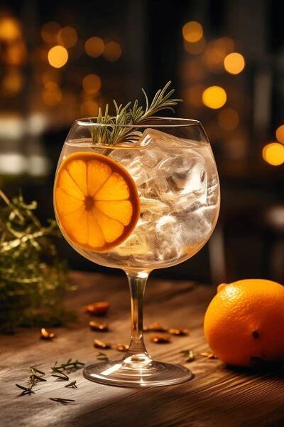 an orange and rosemary garnish sits in a wine glass on a wooden table