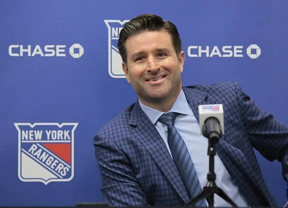 New York Rangers GM Chris Drury introducing new head coach Peter Laviolette during a press conference at the Rangers practice facility