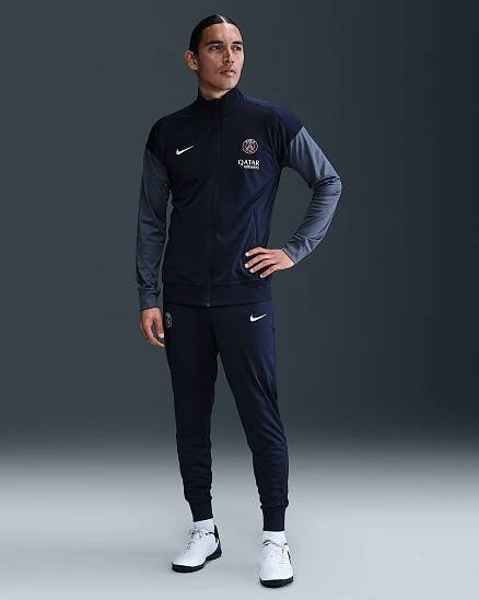 Pánská pleteninová fotbalová souprava Nike Dri-FIT Paris Saint-Germain Strike - Midnight Navy/Diffused Blue/Bílá