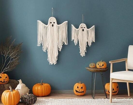 A set of two, macrame ghost shaped art hangs on a blue wall.
