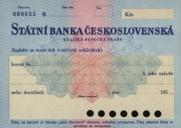 Soukromý šek SBČS Krajská pobočka Praha, série B, cca 1950-1959