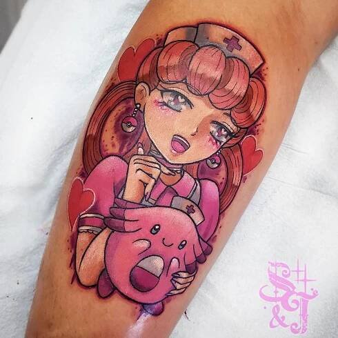 A tattoo of a nurse Joy from Pokémon, anime-style, holding a pink Pokémon.  Hearts and pink accents surround the image.
