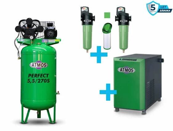 Atmos Sestava kompresor + sušička + filtrace - SAP5,5/270S příkon 5,5 kW, výkon 750 l/min, 10 bar, stojatý vzdušník 270 l, sušička, filtrace