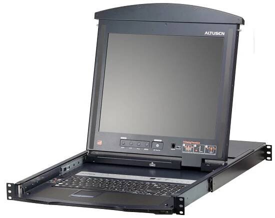 Aten 17'' KVM přepínač (IP konzole, USB+PS/2, VGA) 8:1, virtual media, dual rail, KVM moduly přes TP, UK (KL1508AiM)