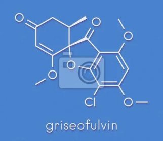 Molekula antimykotického léku Griseofulvinu. Používá se k léčbě houbových infekcí kůže a nehtů. Kostrový vzorec.