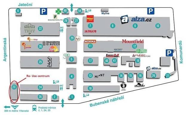 Mapa areálu Pražské tržnice s vyznačením haly č. 23 pro Re-Use centrum