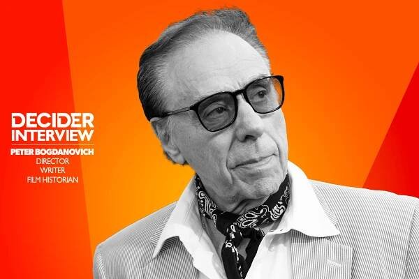 PETER BOGDANOVICH in black and white on a bright orange background