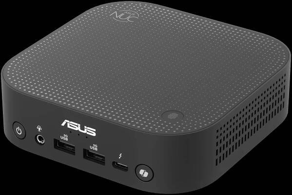 Asus NUC 14 Pro AI three-quarter angle picture of the top and front.