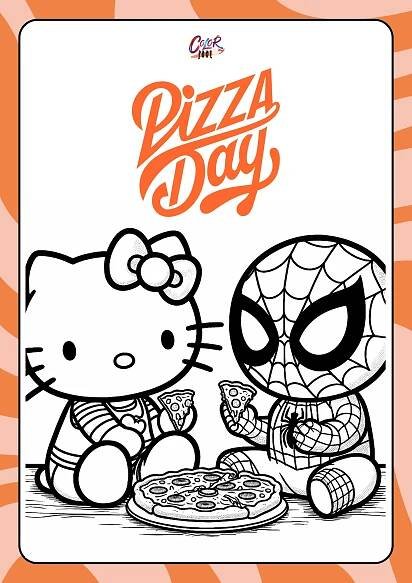 color cute spiderman having pizza with hello kitty