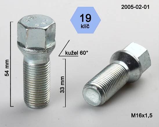 Kolový šroub M16x1,5x33mm, dosedací plocha kužel, klíč 19, pozink