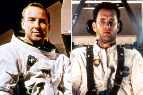 The real astronaut Jim Lovell; Tom Hanks as Lovell in the film 'Apollo 13'