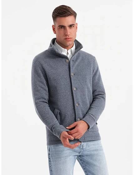 Ombre Clothing Pánská volnočasová mikina s límečkem na knoflíky - tmavě modrá melanž V5 OM-SSZP-0171