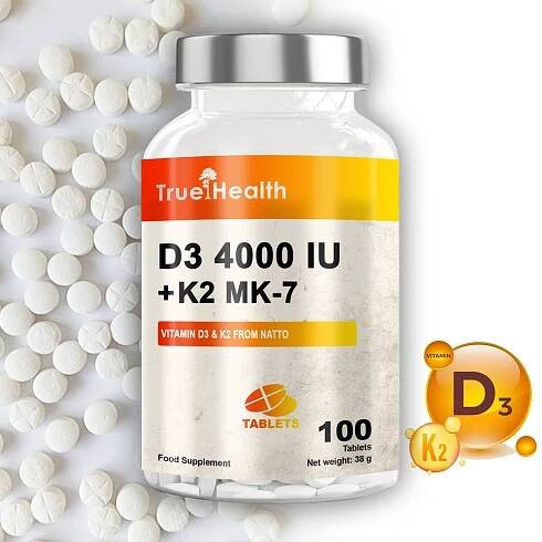 VITAMÍN D3 4000 IU + K2 100 TABS MK-7 VITAMÍN KOSTI IMUNITA TRUE HEALTH