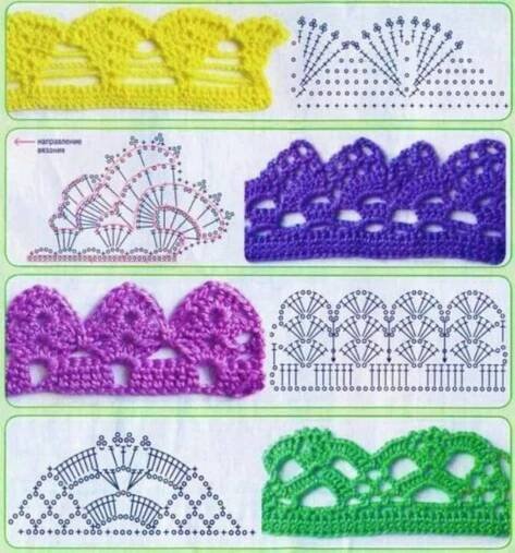 four rows of crocheted laces in different colors and sizes, each with an intricate