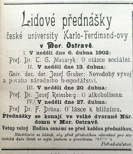 Výročí: 6. dubna 1902 v Ostravě přednášel T. G. Masaryk