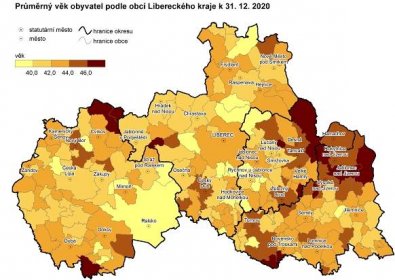 Kartogram: Průměrný věk obyvatel obcí Libereckého kraje