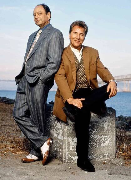 Nash Bridges. A CBS television police drama series. Premiere episode broadcast March 29, 1996. Pictured from left is Cheech Marin (as Insp. Joe Dominguez) and Don Johnson 