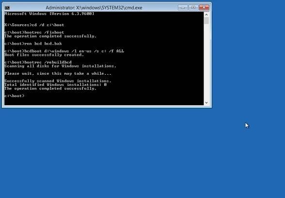 Windows 8 bootrec utility results screen