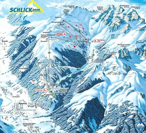 Fulpmes - Schlick 2000 - lyžařská mapa, skimapa sjezdovek a lanovek, zimní panorama ski areálu