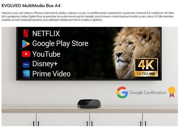 EVOLVEO MultiMedia Box A4, 4k Ultra HD, 32 GB, Android 11 | Aukro