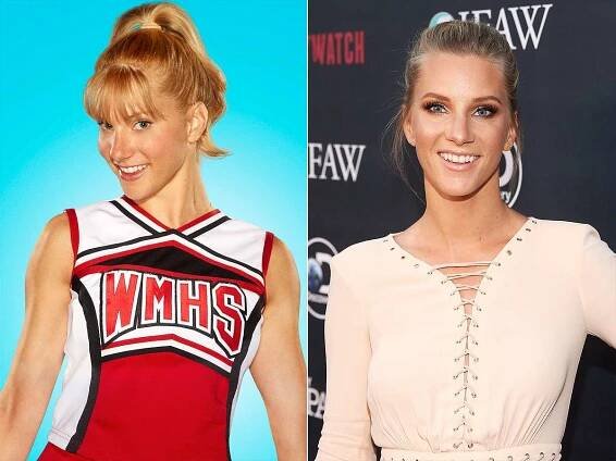 Heather Morris wearing her "Glee" cheerleading costume and a photo of an older-looking Morris in a pink lace-up dress.
