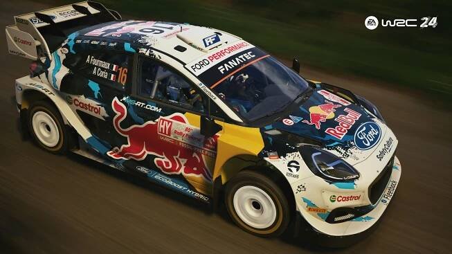 In game screenshot of Ford Puma Rally1 with Red Bull branding.