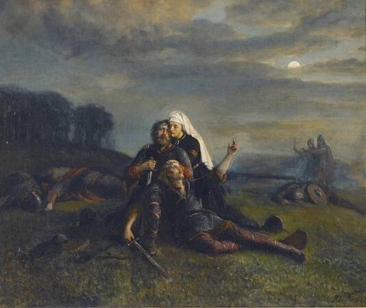 Bitva u Stiklestadu (29. července 1030) - Po bitvě - Peter Nicolai Arbo (1831-1892), - Olej na plátně, 51x61,5 - Soukromá sbírka od Peter Nicolai Arbo