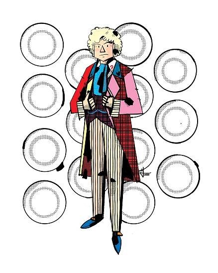 Colin Baker's Sixth Doctor is wearing a multi-colored patchwork overcoat, a purple vest, yellow striped pants, and a grimace on his face. He is holding his lapels.