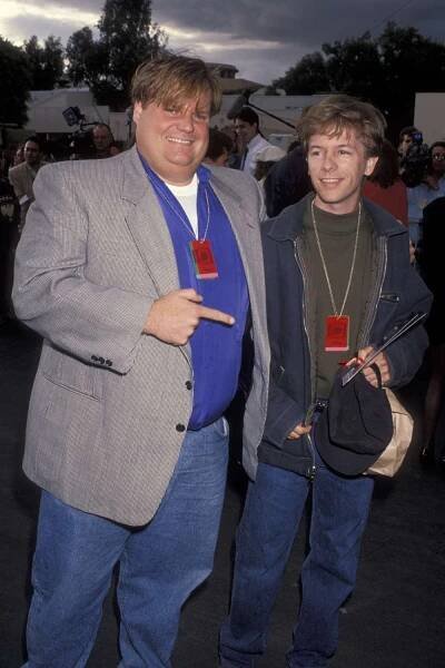 Chris Farley and David Spade attend Second Annual MTV Movie Awards on June 5, 1993 at Walt Disney Studios in Burbank, California.