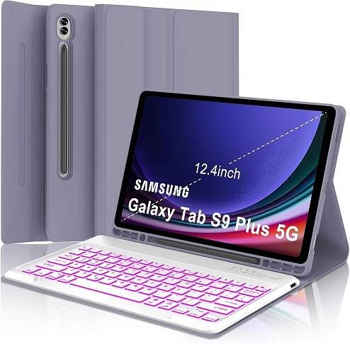 Keyboard Case for Samsung Galaxy Tab S9 Plus 12.4 inch - 7 Colors Backlit, Magnetic Detachable, Bluetooth Connection, Auto SleepWake Up Smart Case PurpleGrey